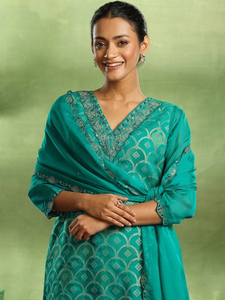 V-Neck Woven Design Zari Straight Kurta with Trouser & Dupatta Set