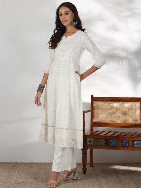 Women Embroidered Mirror Work Pure Cotton Anarkali Kurta With Palazzo & Dupatta Set VitansEthnics