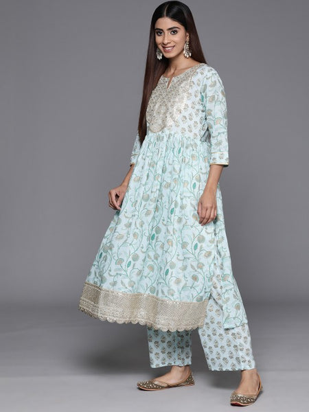 Women Floral Printed Pleated Gotta Patti Pure Cotton Kurta with Palazzos & Dupatta