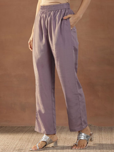 Mauve Floral Embroidered Round Neck Sequinned Straight Kurta With Trousers & Dupatta