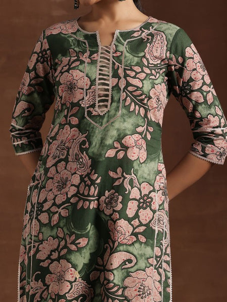 Women Green Floral Printed Gotta Patti Pure Cotton Kurta With Palazzos & Dupatta