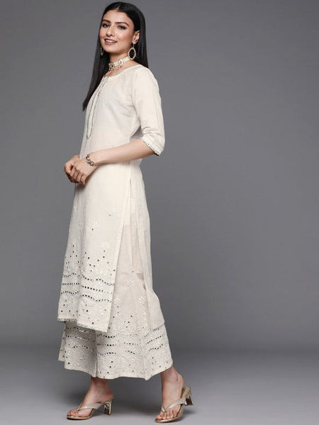 Women Off White Floral Mirror detail Cotton Straight Kurta & Palazzos with Dupatta Set VitansEthnics