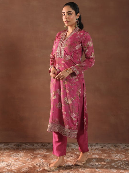Women Floral Printed V-Neck Thread Work Silk Kurta With Trousers & Dupatta