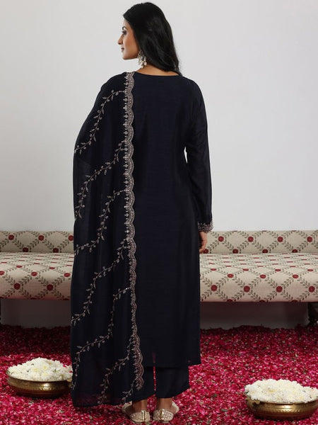 Navy Blue Floral Embroidered Sequinned Straight Kurta with Trouser & Dupatta
