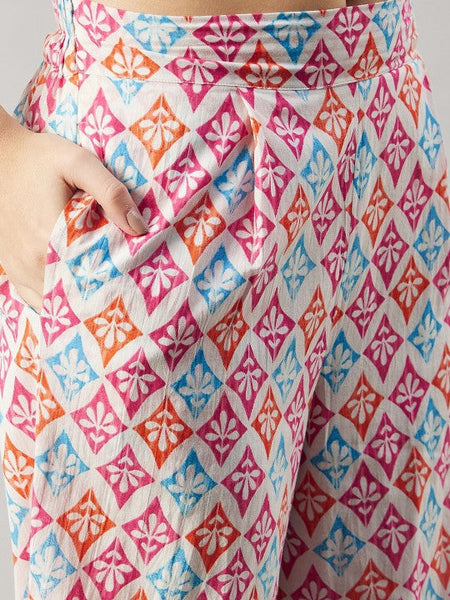 Ethnic Motifs Printed Pure Cotton Top & Trousers With Shrug & Scrunchie Coord Set VitansEthnics