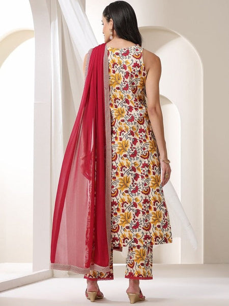 Floral Printed V-Neck Pure Cotton Straight Kurta With Trousers & Dupatta Set VitansEthnics