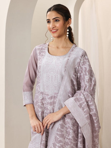 Women Floral Thread Work Chanderi Silk Regular Kurta with Trousers & Dupatta Indian Suit Set VitansEthnics