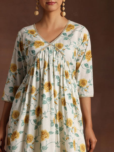 Women Floral Printed Pleated Gotta Patti Pure Cotton A-Line Kurta With Palazzos Set VitansEthnics