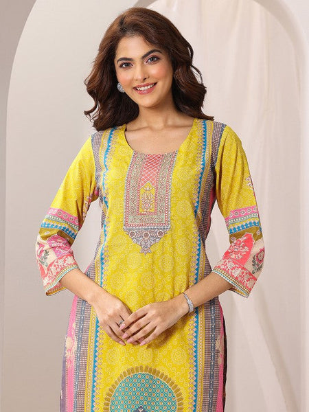 Women Yellow Ethnic Motifs Printed Round Neck Straight Kurta with Trousers & Dupatta Set VitansEthnics