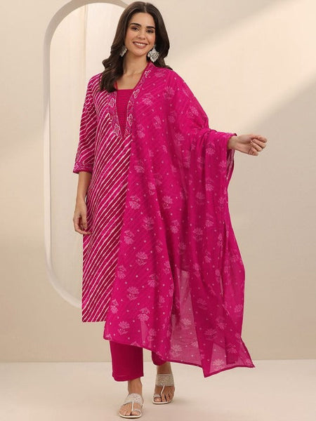 Women Leheriya Printed V-Neck Straight Kurta With Trousers & Dupatta VitansEthnics