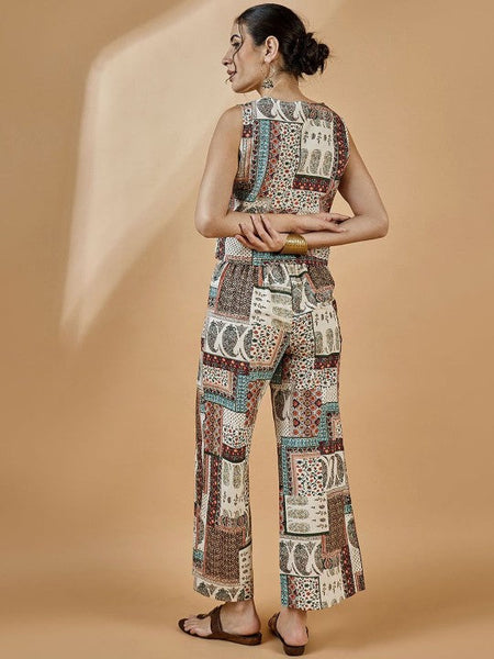 Women Ethnic Printed Pure Cotton Waistcoat With Trousers Set Indo-Western Outfit VitansEthnics