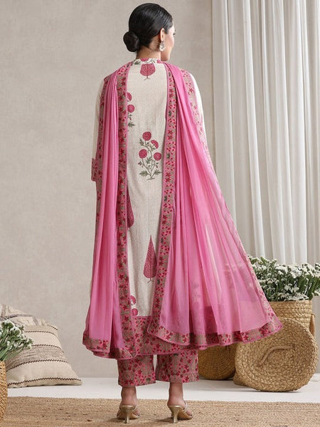 Women Floral Printed Mandarin Collar Pure Cotton Anarkali Kurta & Palazzos & Dupatta Set VitansEthnics