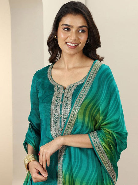 Women Floral Embroidered Regular Silk Chiffon Kurta with Trousers & With Dupatta Indian Suit Set VitansEthnics