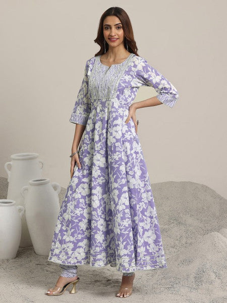 Women Floral Printed Thread Work Pure Cotton Anarkali Kurta with Churidar & Dupatta VitansEthnics