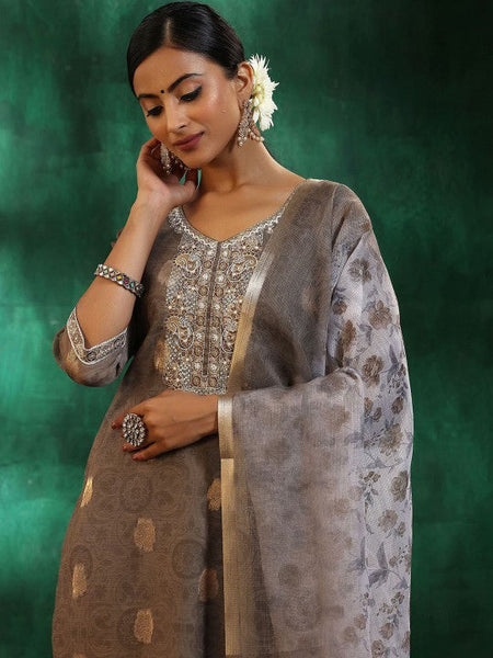 Women Grey Ethnic Motifs Regular Sequinned Kurta with Trousers & With Dupatta Set VitansEthnics