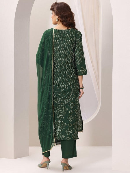 Women Bandhani Printed Thread Work Straight Kurta With Trousers & Dupatta VitansEthnics