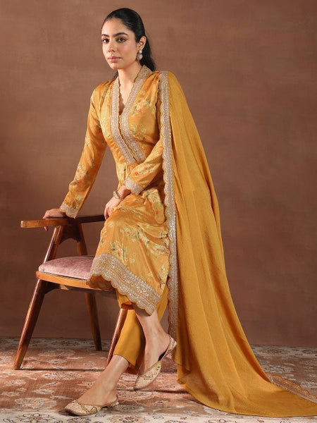Women Floral Printed V-Neck Thread Work Silk Kurta With Trousers & Dupatta