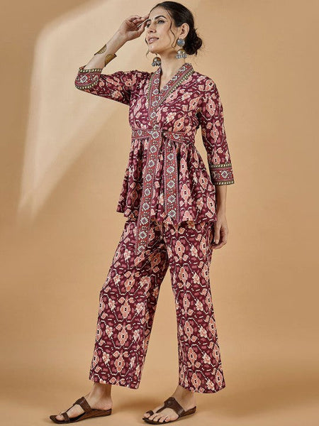 Women Ethnic Printed Pure Cotton Tunic With Trousers Set VitansEthnics