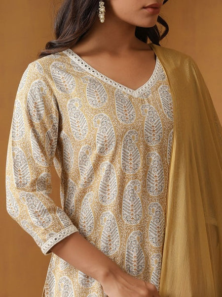 Women Paisley Printed Pure Cotton Straight Kurta With Palazzo And Dupatta Set VitansEthnics
