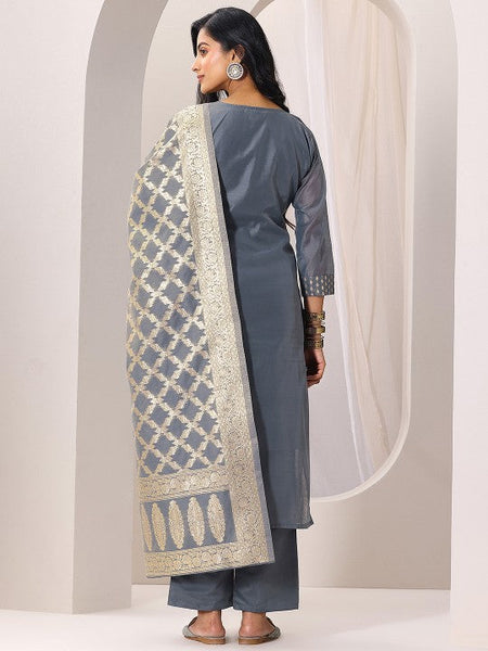 Women Floral Zari Woven Design Chanderi Silk Straight Kurta With Trousers & Dupatta Set VitansEthnics