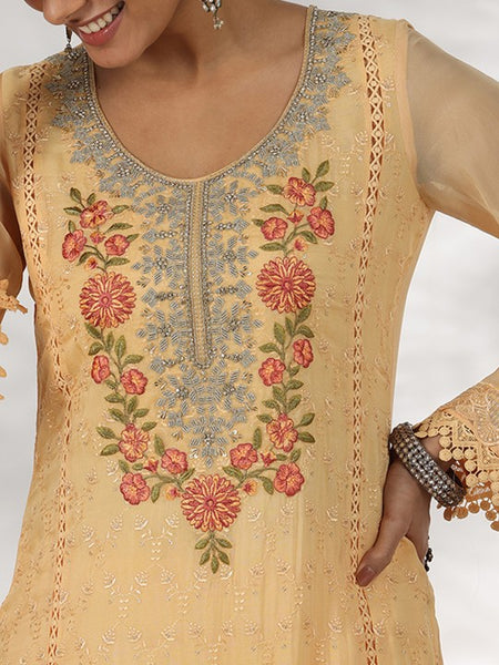 Women Floral Embroidered Thread Work Straight Kurta with Trousers & Dupatta Set