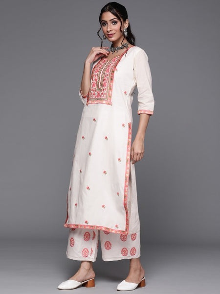 Women Off White & Pink Cotton Floral Thread Work Kurta with Palazzos & Dupatta Set
