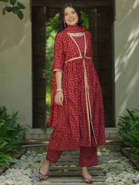 Women Bandhani Printed Pleated Gotta Patti A-Line Kurta with Trousers & Dupatta