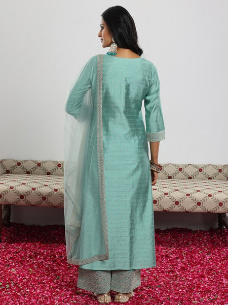 Sea Green Floral Embroidered Sequinned Chanderi Silk Kurta with Palazzo & Dupatta