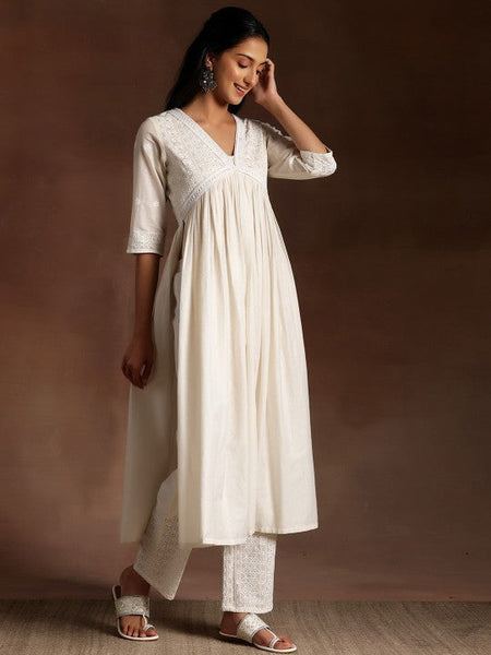 Women Ethnic Motifs High Slit Thread Work Pure Cotton Kurta with Palazzo & Dupatta Set VitansEthnics