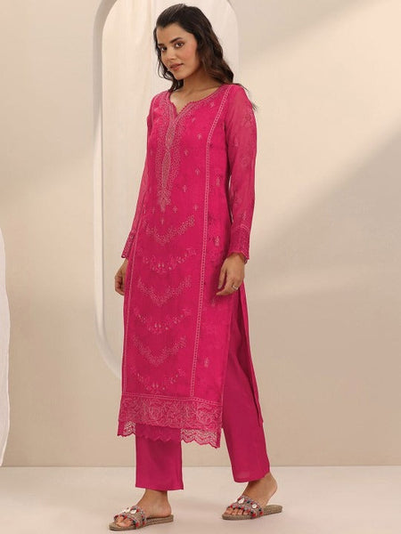Floral Embroidered Notch Neck Thread Work Straight Kurta With Trousers & Dupatta Set VitansEthnics