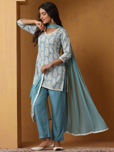 Women Paisley Printed Regular Straight Above Knee Kurta with Palazzos & Dupatta Set VitansEthnics