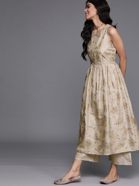 Women Beige Floral Printed Regular Kurta with Palazzos & With Dupatta Set