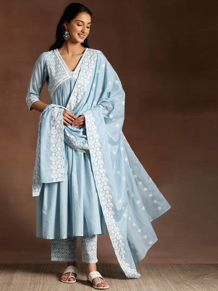 Women Blue Paisley Embroidered V-Neck Flared Thread Work Pure Cotton A-Line Kurta Set VitansEthnics