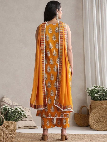 Women Floral Printed V-Neck Pure Cotton Straight Kurta With Palazzos And Dupatta Set VitansEthnics