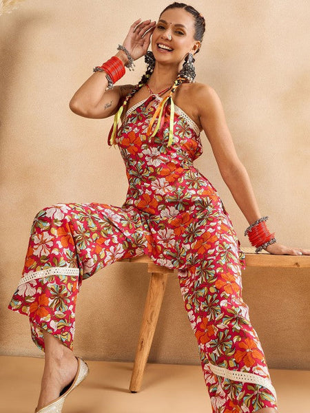 Women Floral Printed Halter Neck Top With Palazzos Set Indo-Western Outfit VitansEthnics