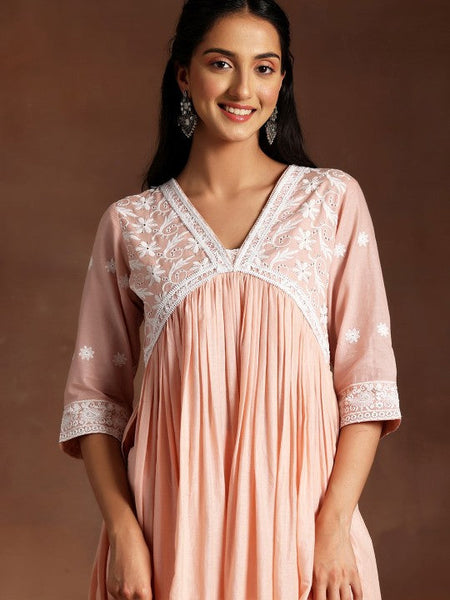 Women Peach Ethnic Motifs Embroidered V-Neck Thread Work Pure Cotton A-Line Kurta Set VitansEthnics