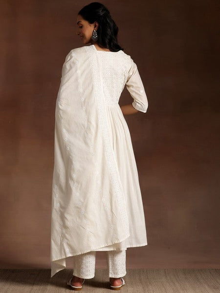 Women Ethnic Motifs High Slit Thread Work Pure Cotton Kurta with Palazzo & Dupatta Set VitansEthnics