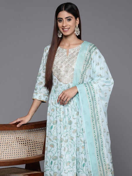 Women Floral Printed Pleated Gotta Patti Pure Cotton Kurta with Palazzos & Dupatta