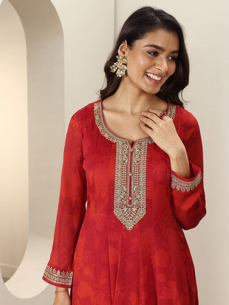 Women Embroidered Pleated Silk Chiffon Kurta with Trousers & With Dupatta Indian Suit Set VitansEthnics