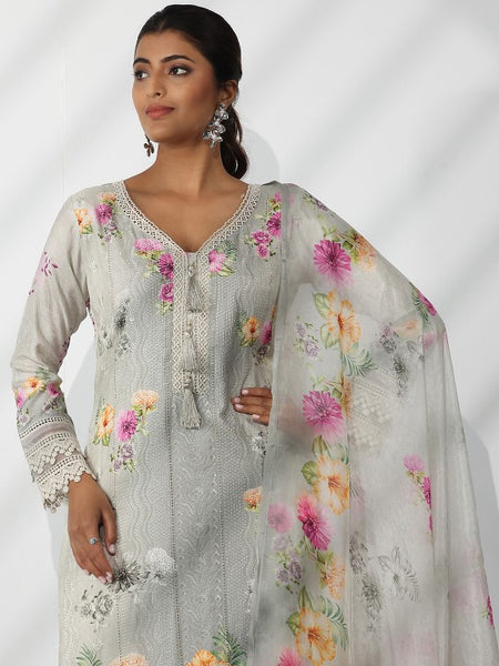 Women Floral Printed V-Neck Thread Work Kurta With Trousers & Dupatta Set