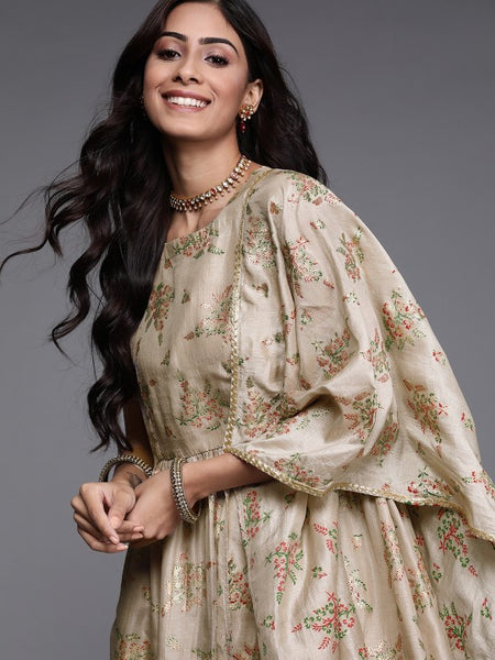 Women Beige Floral Printed Regular Kurta with Palazzos & With Dupatta Set