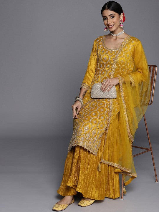 Women Floral Embroidered Sequinned Scoop Neck Straight Kurta With Sharara And Dupatta VitansEthnics