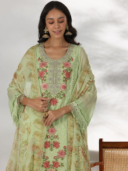 Women Floral Embroidered Thread Work Straight Kurta with Trousers & Dupatta Set