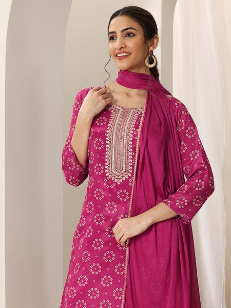 Women Bandhani Printed Round Neck Sequinned Straight Kurta With Trouser & Dupatta Set VitansEthnics