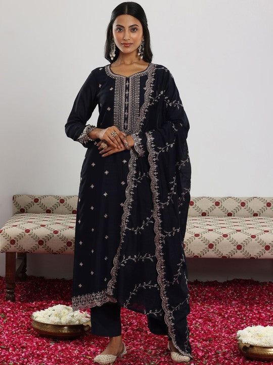 Navy Blue Floral Embroidered Sequinned Straight Kurta with Trouser & Dupatta