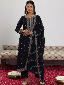 Navy Blue Floral Embroidered Sequinned Straight Kurta with Trouser & Dupatta