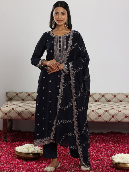 Navy Blue Floral Embroidered Sequinned Straight Kurta with Trouser & Dupatta