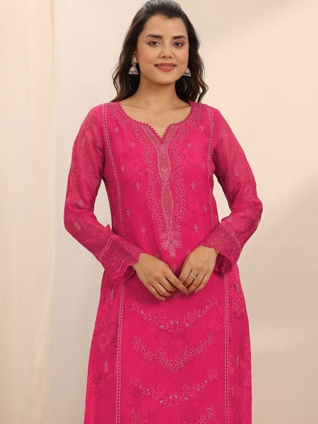Floral Embroidered Notch Neck Thread Work Straight Kurta With Trousers & Dupatta Set VitansEthnics