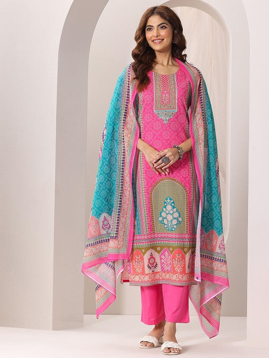 Women Ethnic Motifs Printed Round Neck Straight Kurta with Trousers & Dupatta Set VitansEthnics