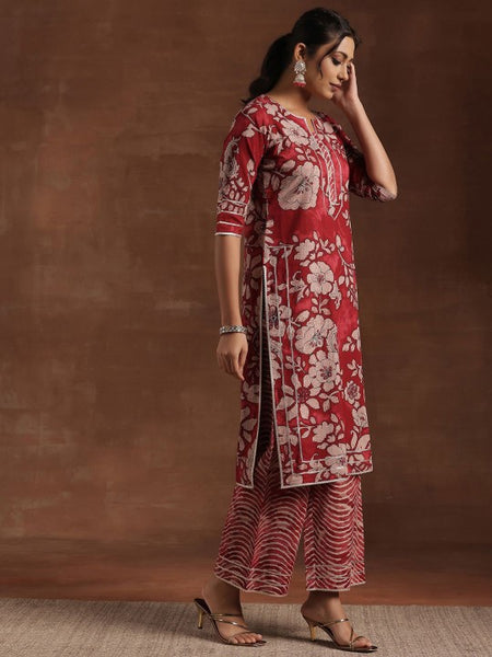 Women Floral Printed Gotta Patti Pure Cotton Straight Kurta With Palazzo & Dupatta